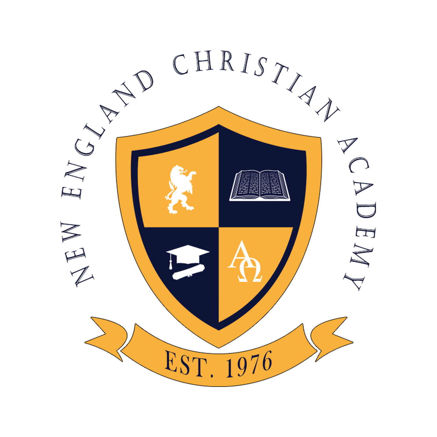 New England Christian Academy shield crest, established 1976